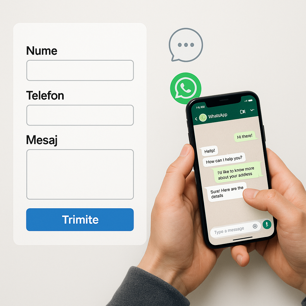 Formular simplu, WhatsApp și fereastră de chat pentru întrebări