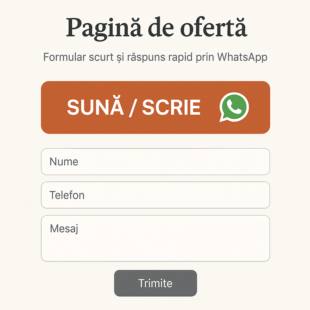Pagină de ofertă, formular scurt și răspuns rapid prin WhatsApp